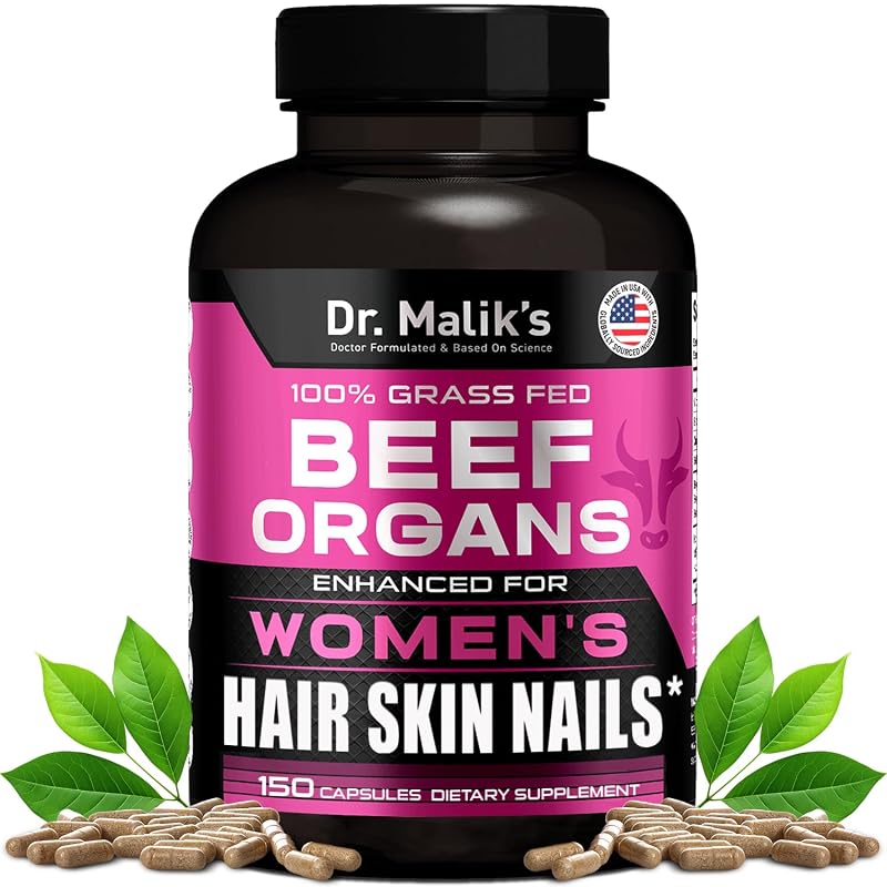 MD Supplements — Suplemento de órgãos bovinos para mulheres com biotina 10.000 mcg, peptídeos de colágeno e 3.100 mg por porção — 150 cápsulas
