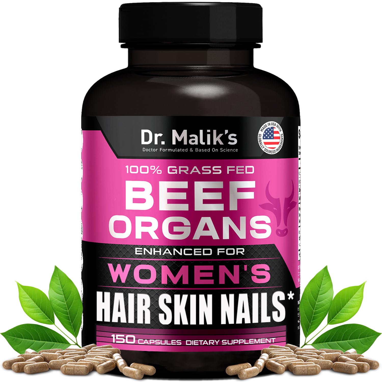 Primal Beef Organ Supplement for Women + 8 Hair Growth Vitamins, Queen Blend for Hair Skin and Nails, Biotin (10,000mcg), Collagen Peptides, Beef Liver MD Formulated, 4 Beef Organs for Women 150 Caps