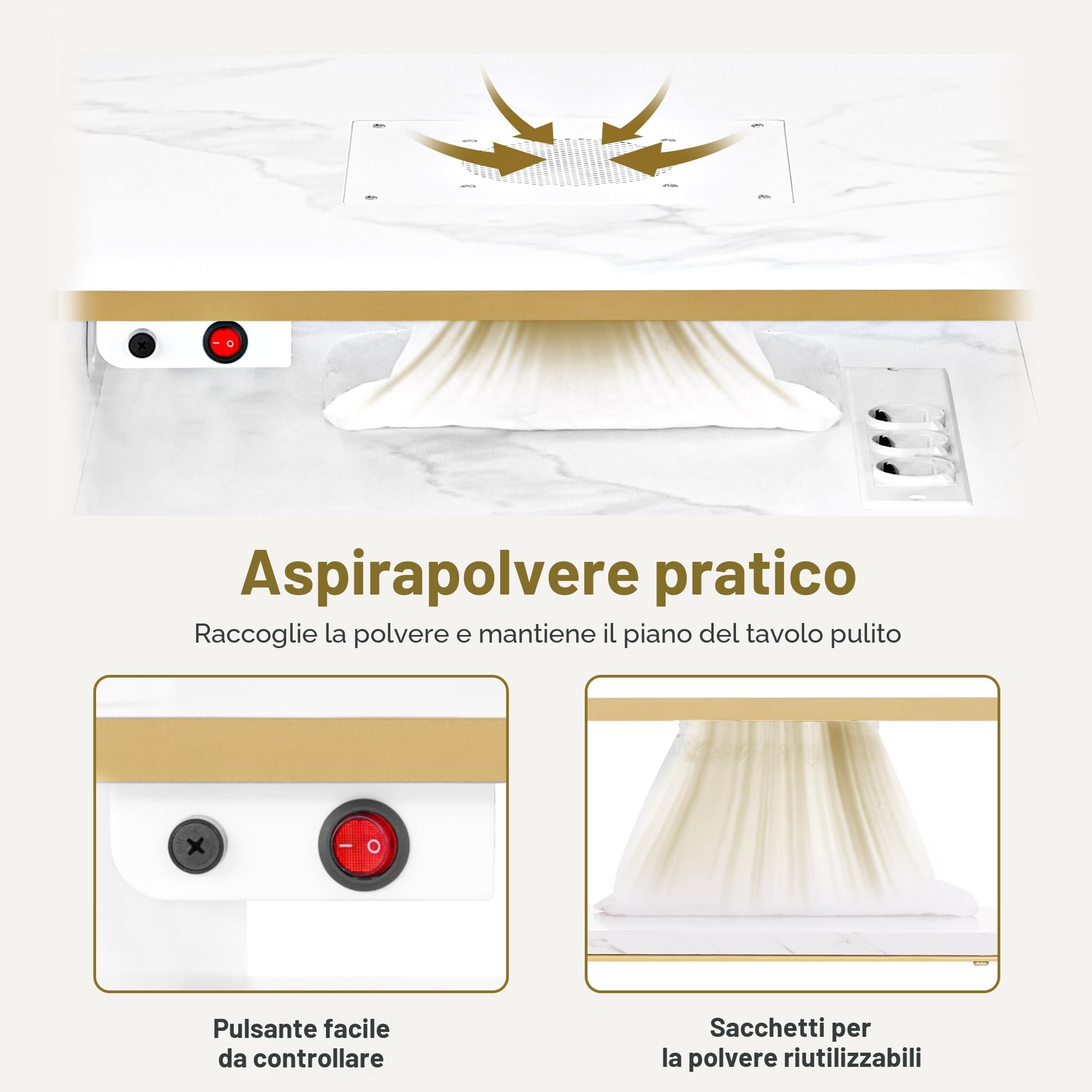 BarberPub Tavolo per manicure con 4 cassetti e 5 ripiani, unghia con aspirazione, 2 sacchetti per aspirapolvere, scrivania in legno per salone di unghie, marmo