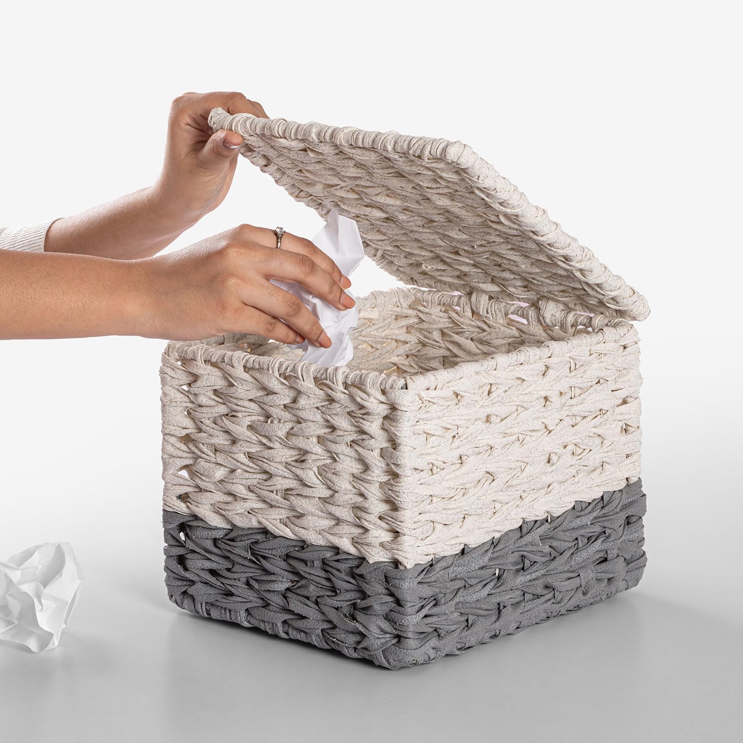 Spread Spain Waterproof Synthetic Rattan Dustbin | Premium Handwoven Waste Bin for Home, Office & Bathroom | Durable & Stylish Storage Solution - Off White Grey 4