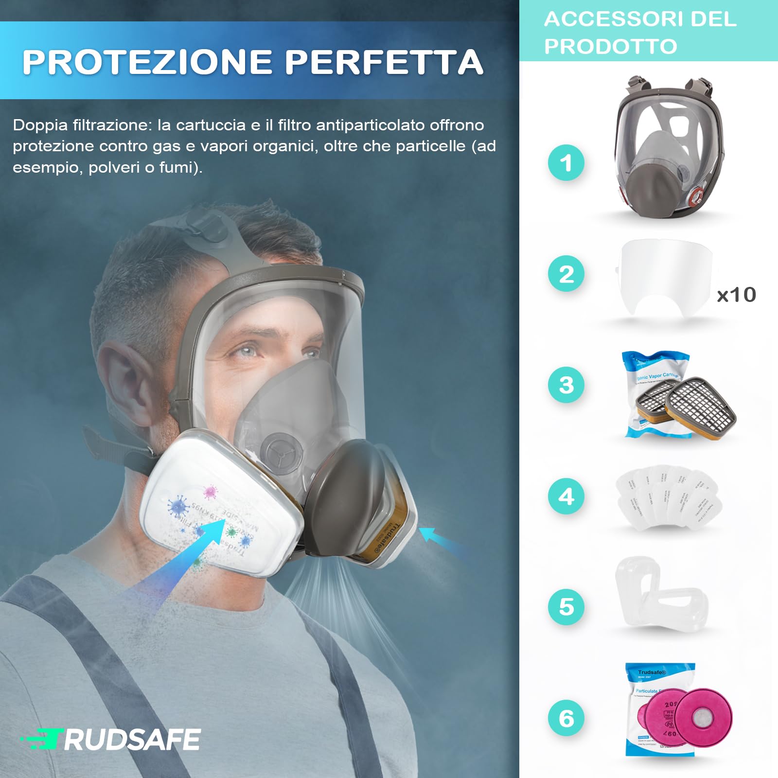 Trudsafe 27 in 1 Maschera Respiratoria a Pieno Facciale 6800 con Cartuccia di Vapore Organico 6001 e 10 Pezzi di Copertura per Lenti 6885, Maschera Respiratoria con Filtri per Verniciatura