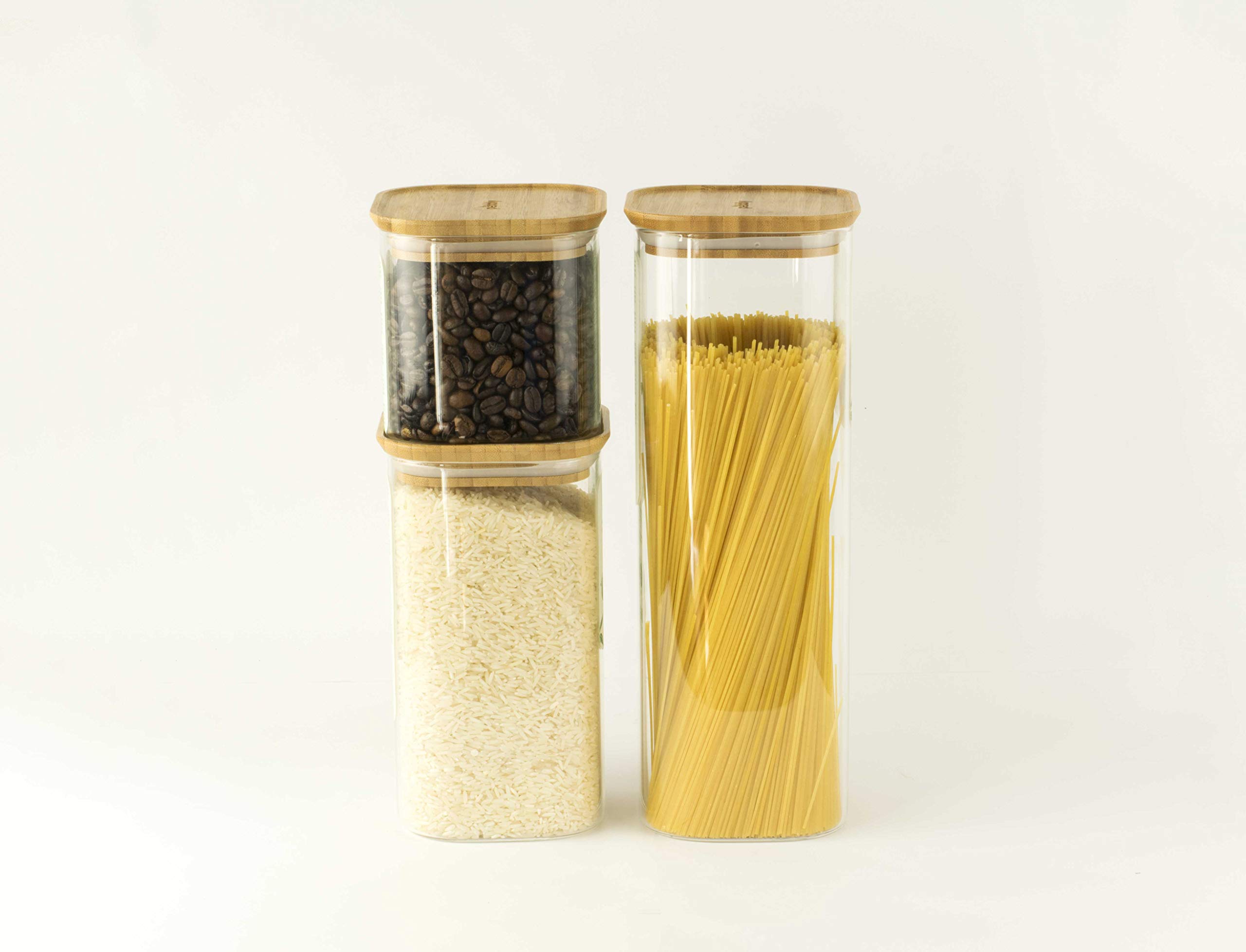 Pebbly - Set de 3 boîtes carrées en verre avec couvercle en bambou - 3 formats- Empilables, parfaites pour conserver ses aliments secs, céréales, amandes…