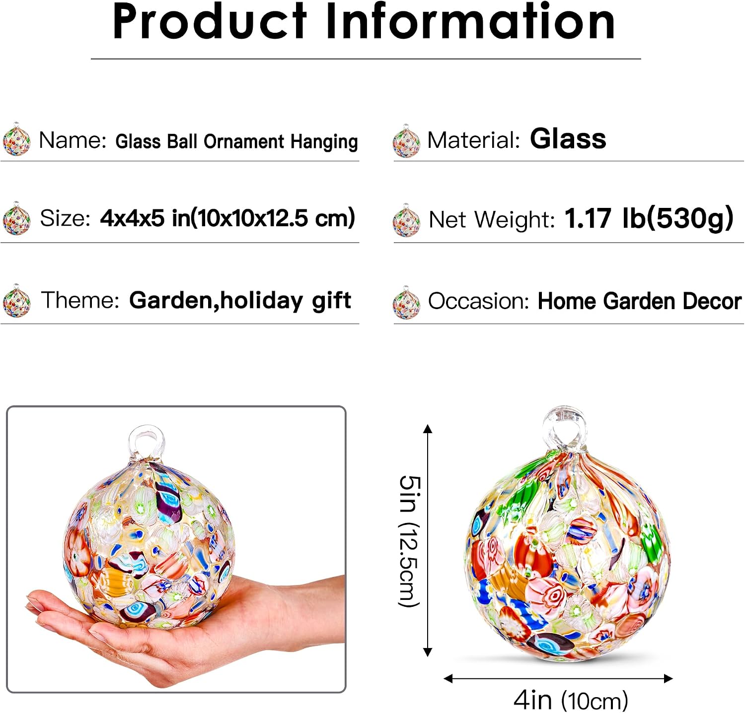 EUSTUMA Hand Blown Glass Witch Ball,Glass Ornament Hanging Garden Gazing Ball Indoor Outdoor Home Décor. (1)