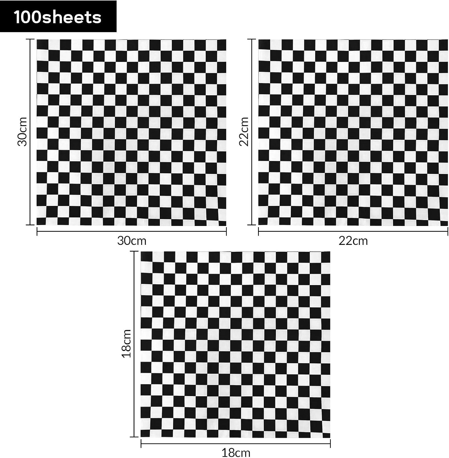 100er Pack Deli Paper Sheets, Premium Food Basket Liners, Grease Resistant Wax Paper Sheets for Food, Classic Checkered Sandwich Wrapping Paper for Party, Festival and Outdoors (Black, 18x18cm)