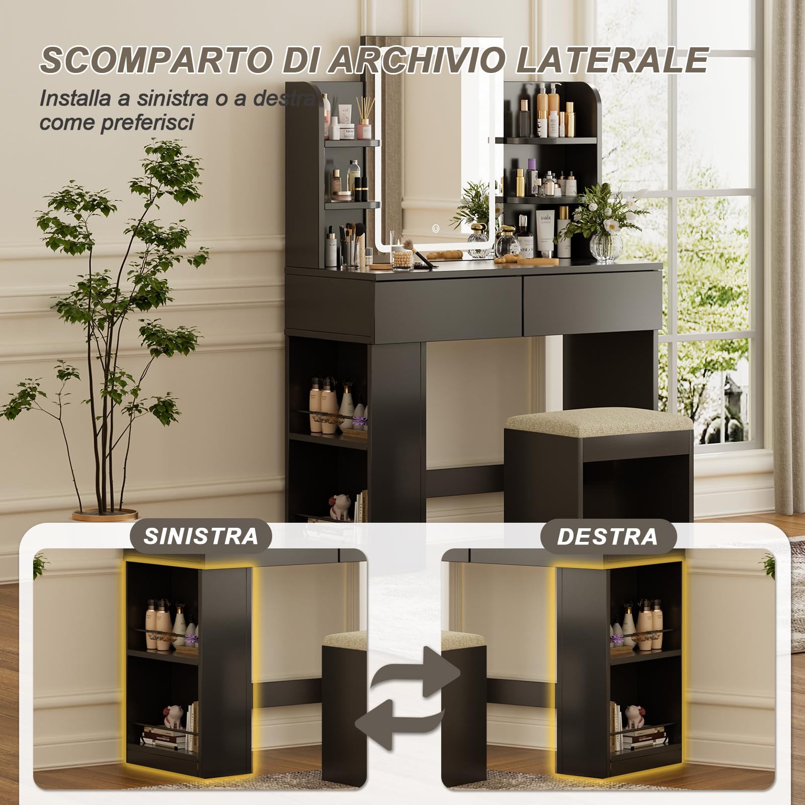 TRIUMPHKEY Toeletta da Trucco con luce LED, Tavolo da Toilette con Specchio e Sgabello,Postazione Trucco,Luminosità Regolabile,2 cassetti, Arredamento Moderno per la Camera da Let (Nero)
