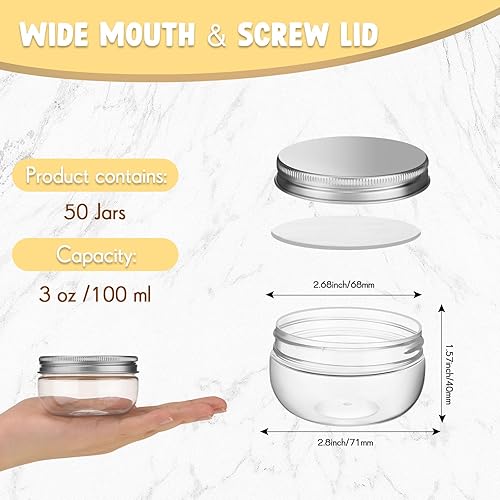 Miniatura 9 de Suclain 50 tarros de plástico de boca ancha de 3 onzas con tapas de aluminio, pequeños tarros transparentes para gelatina, mermeladas, especias,