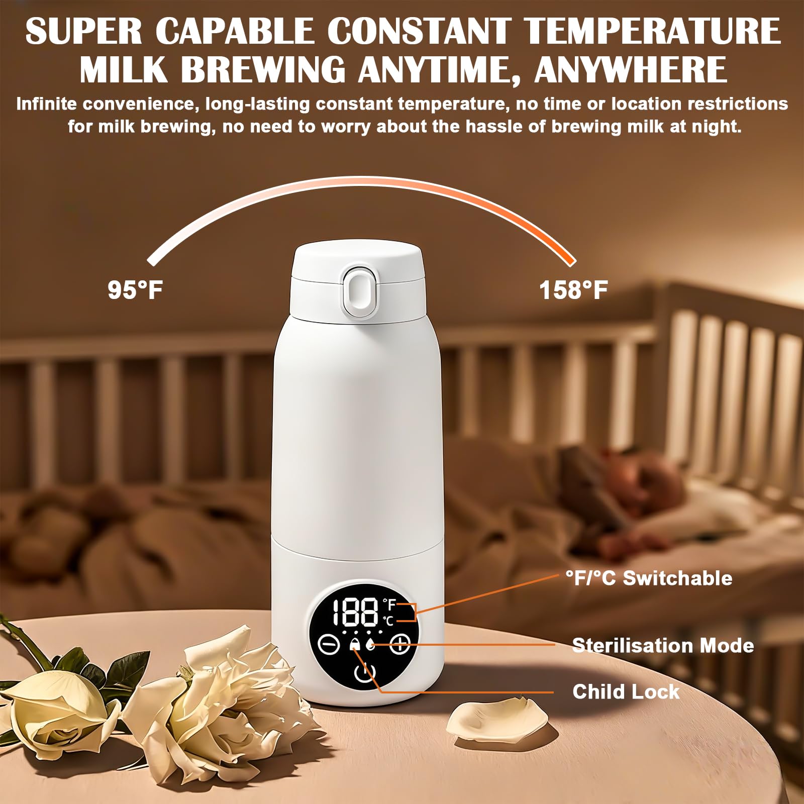 Scaldabiberon portatile per neonati, 500 ml, con controllo preciso della temperatura, 45 °C - 55 °C, senza BPA, per latte materno e formula, viaggi e notte