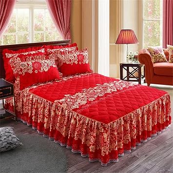Bed Skirt King Size Bed Cover Quilted Thicken Non-Slip Bed Spread Queen Size Fitted Sheet with Cover Bedding Set,red,180 x 200cm 3pcs