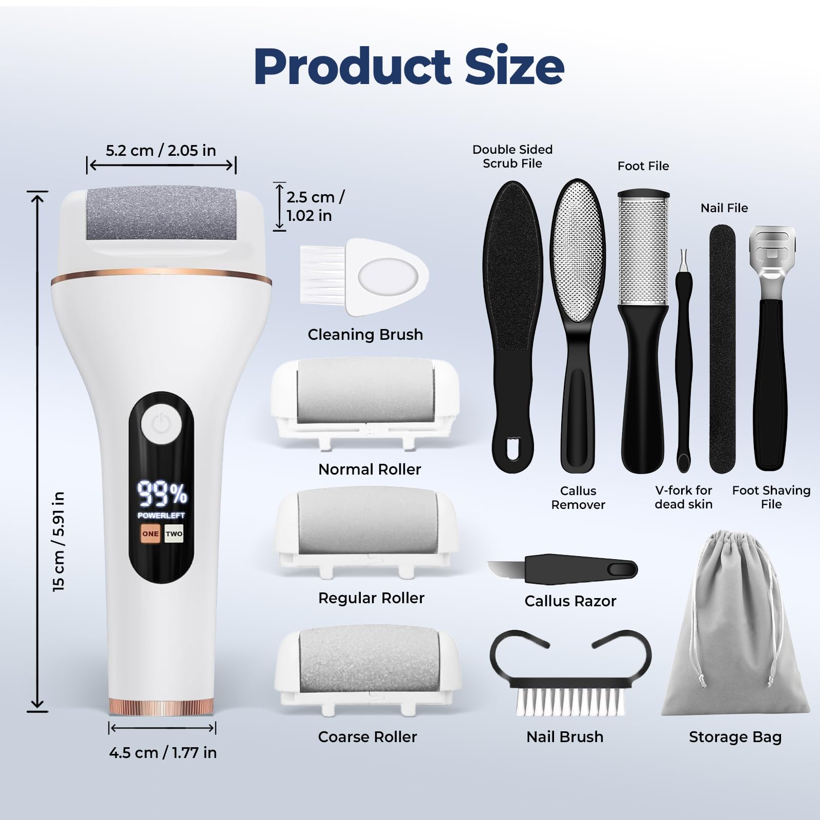 Lima Eléctrica para Pies Durezas, Pedicura Profesional IPX5 con 3 Rodillos, 2 Velocidades, Batería Litio 1200mAh y Kit 10 en 1, Blanco