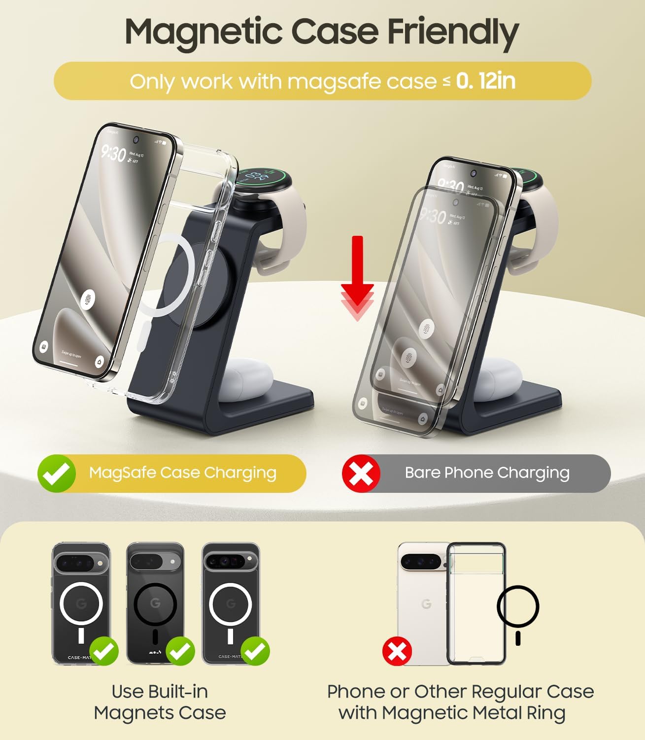 3 in 1 Magnetic Wireless Charger for Google, Watch Charger Stand for Pixel Watch 3/2, Charger Stand Design for MagSafe for Pixel 10 Pro Fold/XL/10/9/8/7/6 Pro & Buds with Adapter(Not for Watch 4/1)