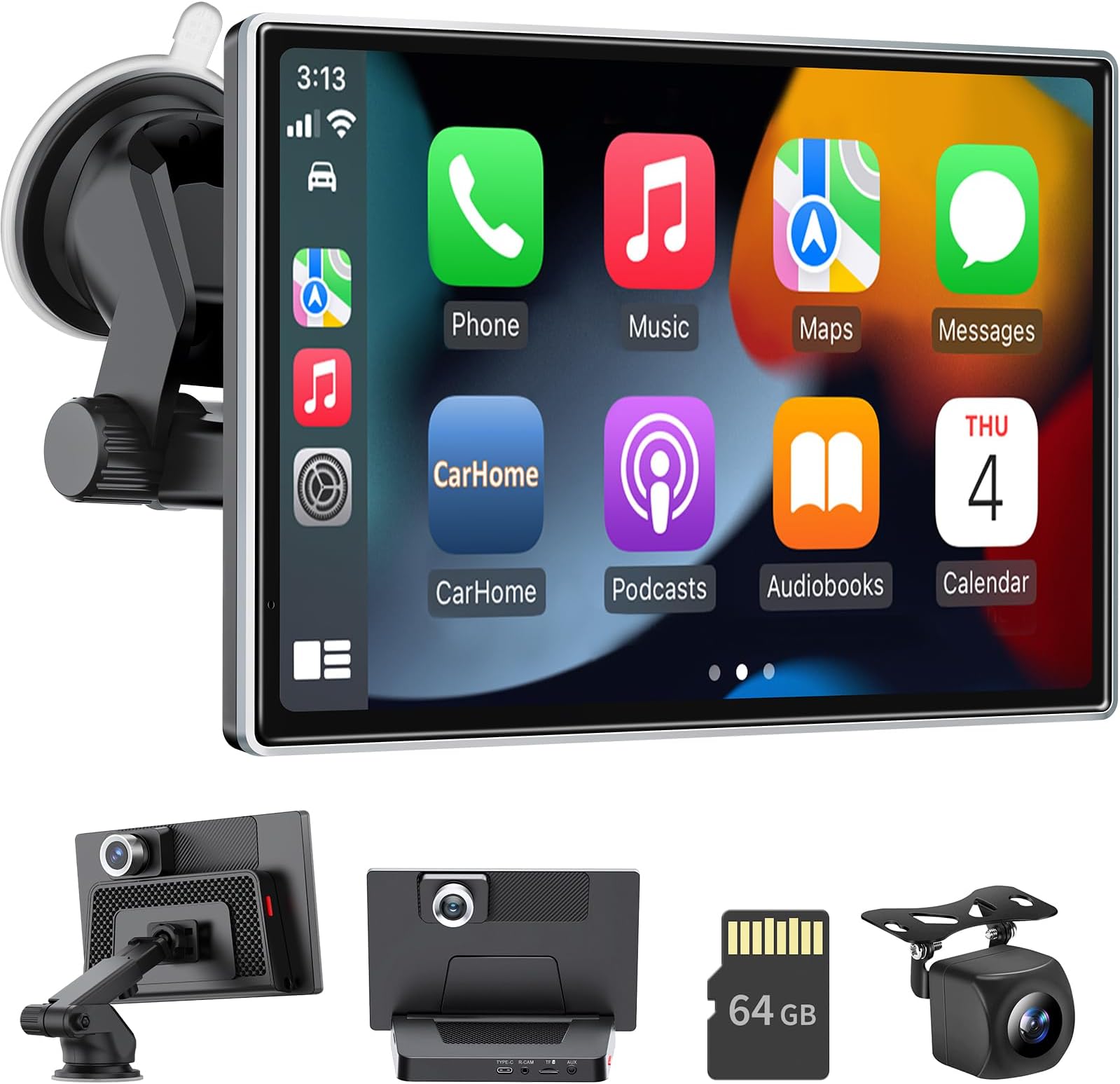 Wireless Carplay & Android Auto Carplay Screen, Portable Car Stereo 2.5K Dash Cam & 1080P Backup Camera, Bluetooth, Mirror Link, 64G SD-Card, Voice Control GPS Navigation Car Play Screen