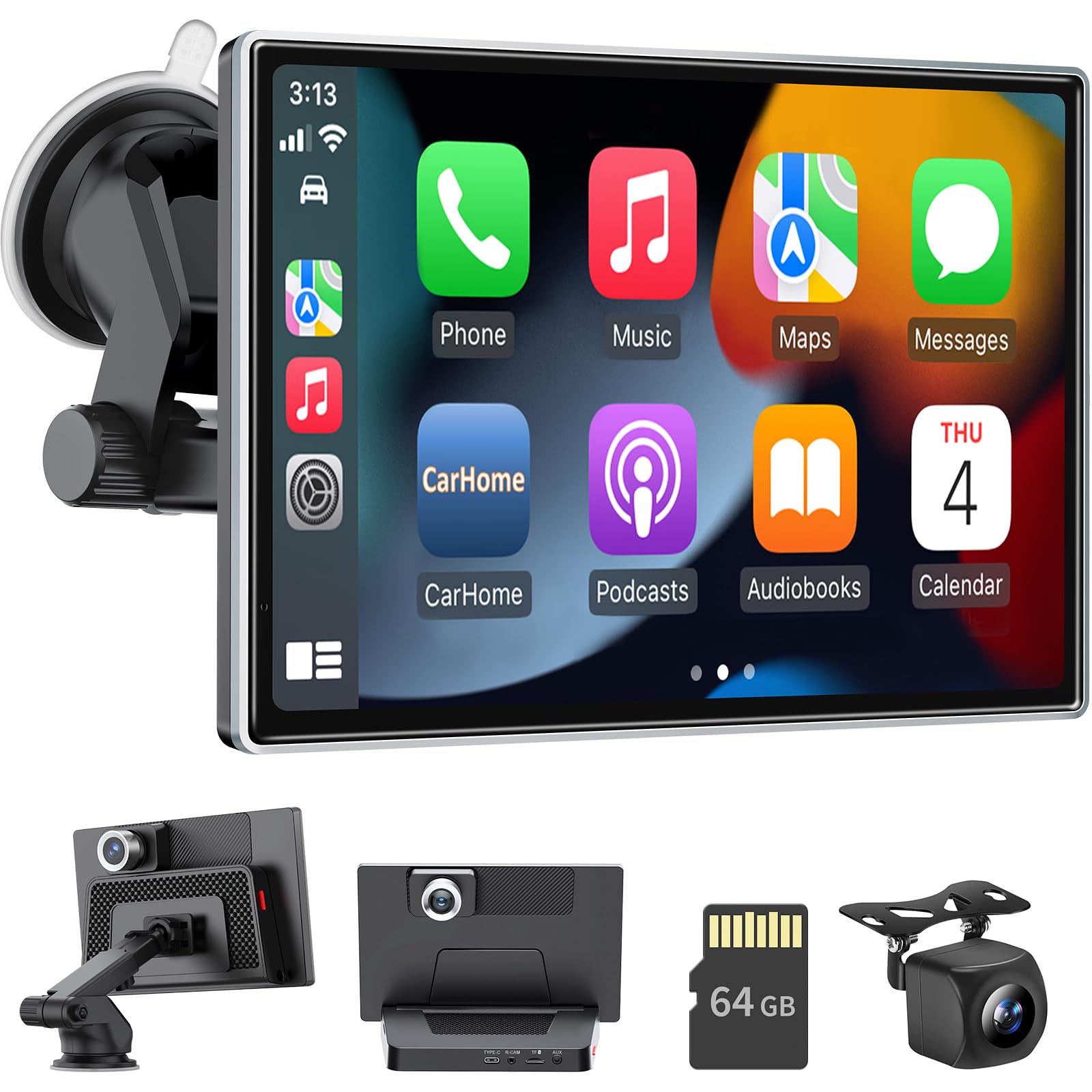 Wireless Carplay & Android Auto Carplay Screen, Portable Car Stereo 2.5K Dash Cam & 1080P Backup Camera, Bluetooth, Mirror Link, 64G SD-Card, Voice Control GPS Navigation Car Play Screen