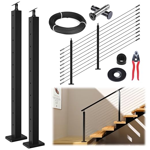 Muzata 5-10FT Modular Black Cable Railing Kit 36 Inch 2 Stair Post Kit Complete Set Cable Railing System for Stairs Length Adjustable Easy DIY with Paper User Guide (No Handrail) RWS1 BA4S