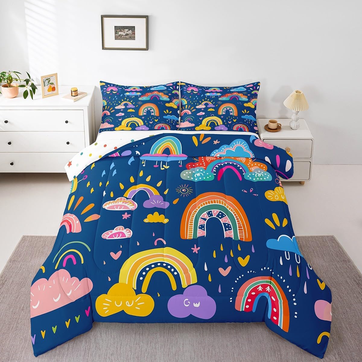 Kawaii Bedding Set Rainbow Quilt for Toddlers Kids Girly,Colorful Cartoon Raindrop Queen Comforter Set Crown Love Hearts Watercolor Hand Drawn Duvet Insert,Little Girls Cute Room Decor,Navy Blue