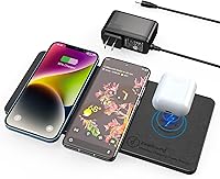 ZealSound Ultra-Slim PU Leather Triple Wireless Charger Pad for 3 Devices - iPhone 16/15, AirPods, Samsung Galaxy - 24W Adapter Included (Black)