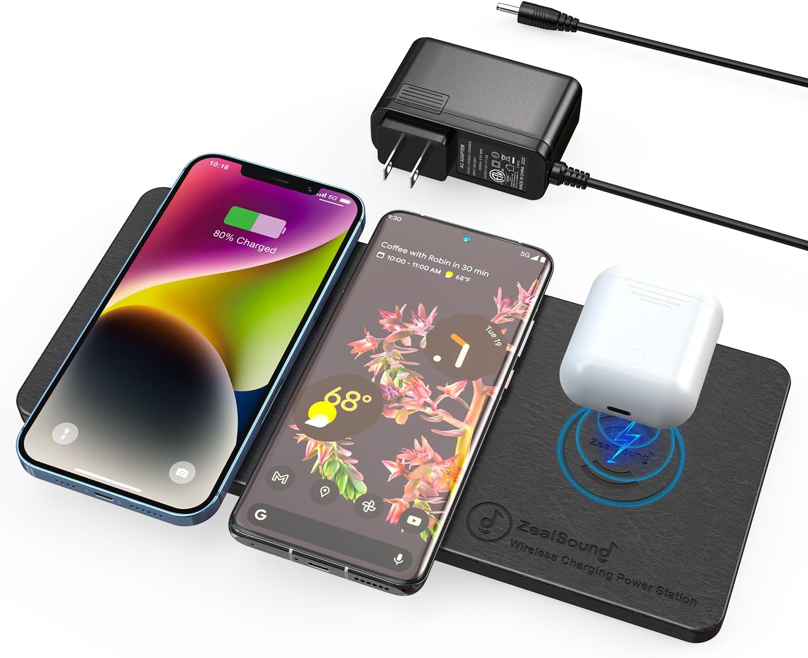 zealsound Qi-Certified Airpods Ultra Slim Leather Triple Wireless Charging Pad for Multiple 3 Devices with AC Adapter (Black)