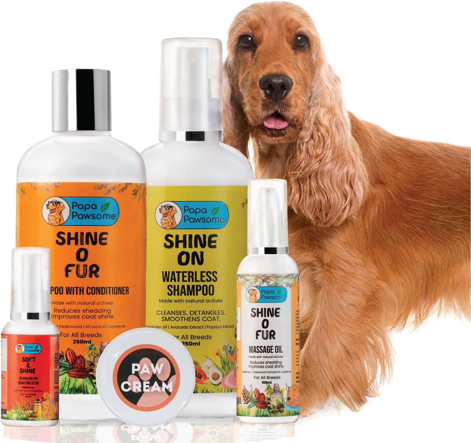 Papa Pawsome Long/Drop coat - Crocker Spanial - Complete Grooming Kit Shine O Fur Shampoo with conditioner 250ml + Shine On Waterless Shampoo 250ml + Shine O Fur massage oil 100ml + Soft and Shine Detangling Serum 50ml + Paw cream 25gm