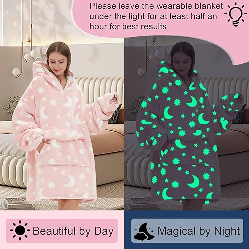 Miniatura 2 de Fiosnow Manta con capucha que brilla en la oscuridad con capucha de estrellas y luna para mujeres y hombres adultos de forro polar Sherpa de gran