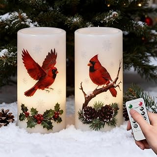 Eldnacele Christmas Red Bird Flameless Candles with Remote and Timer, Battery Operated Red Bird Snowflake Decal Real Wax Flickering LED Pillar Candles 2 Pack for Winter Holiday Indoor Decor Xmas Gift