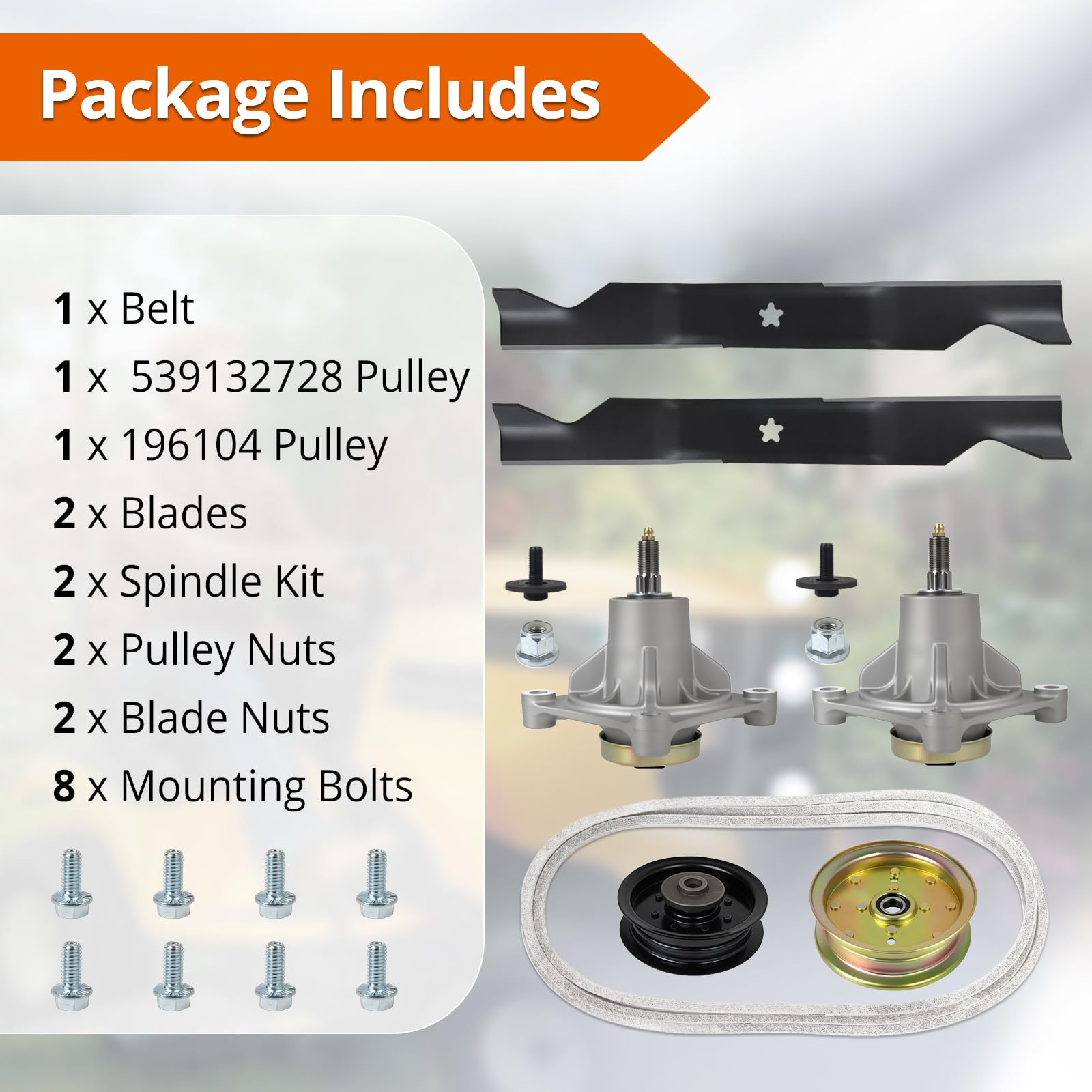 Kit de reconstrucción de cortacésped de cubierta de 46 pulgadas compatible con Hus qvarna RZ4621/RZ4623 (2010-2014), incluye 2 husillos (174356), 2 cuchillas (405380), 2 ruedas tensoras