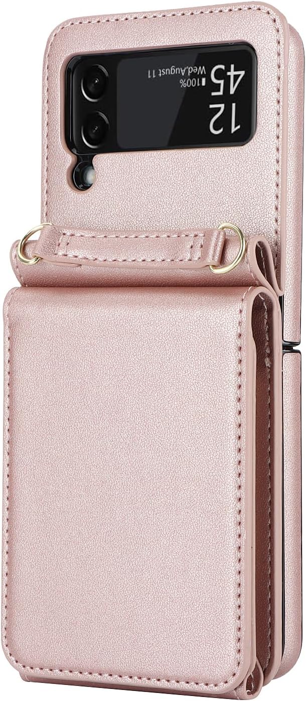 SHIEID Galaxy Z Flip 4 Leather Case with Card Holder, Slim Flip 4 Case with Mirror, Drop-Proof Z Flip4 Case with Leather Ring, Compatible with Samsung Galaxy Z Flip 4 Case, Rose Gold