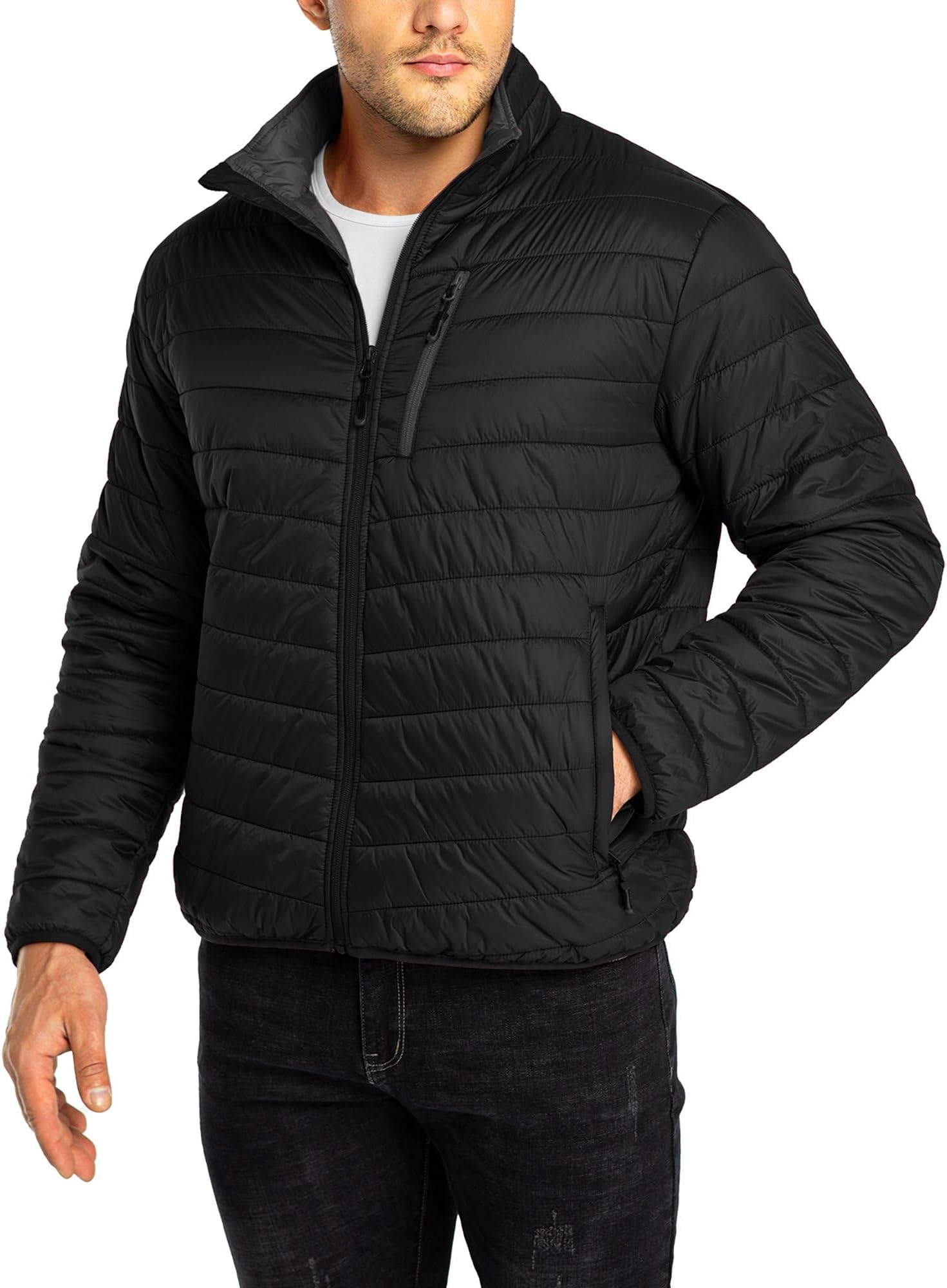 Mens Winter Lightweight Jacket Warm Short Packable Puffer Jacket Transitional Padded Jacket Quilted Jacket for Men Lined for Hiking Travelling