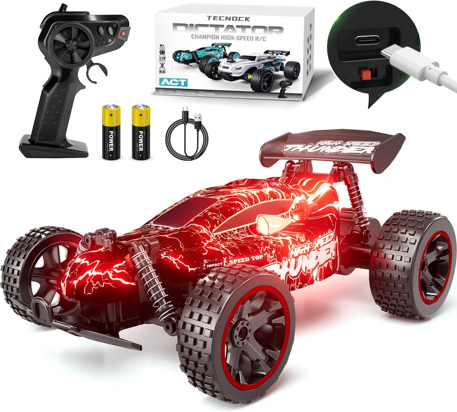 Tecnock RC Cars Remote Control Car for Boys Girls, 1:18 Scale RC Car with LED Lights, 2.4GHz 2WD All Terrain RC Car with 2 Rechargeable Batteries for 60 Min Play, Gifts for Kids (Red&Lights)