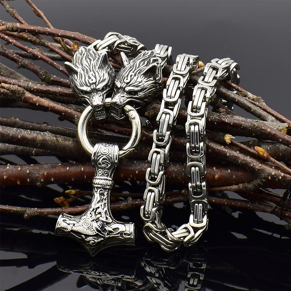 YABEME Viking Thors Hammer Mjölnir Halskette, Edelstahl Fenrir Wolf Kopf König Kettenglied, Nordic Herren Keltischen Heidnischen Amulett Anhänger Schmuck