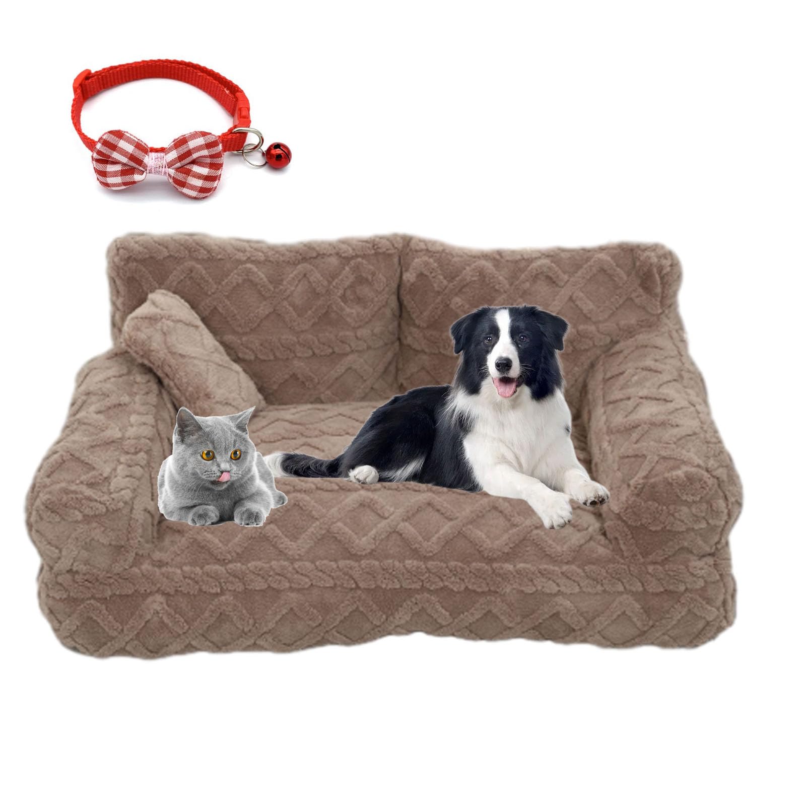 Plush Calming Dog Sofa Bed with Removable Washable Cover, Anti-Slip Bottom, for Small to Large Dogs and Cats (Brown, M:55 * 40 * 23cm)