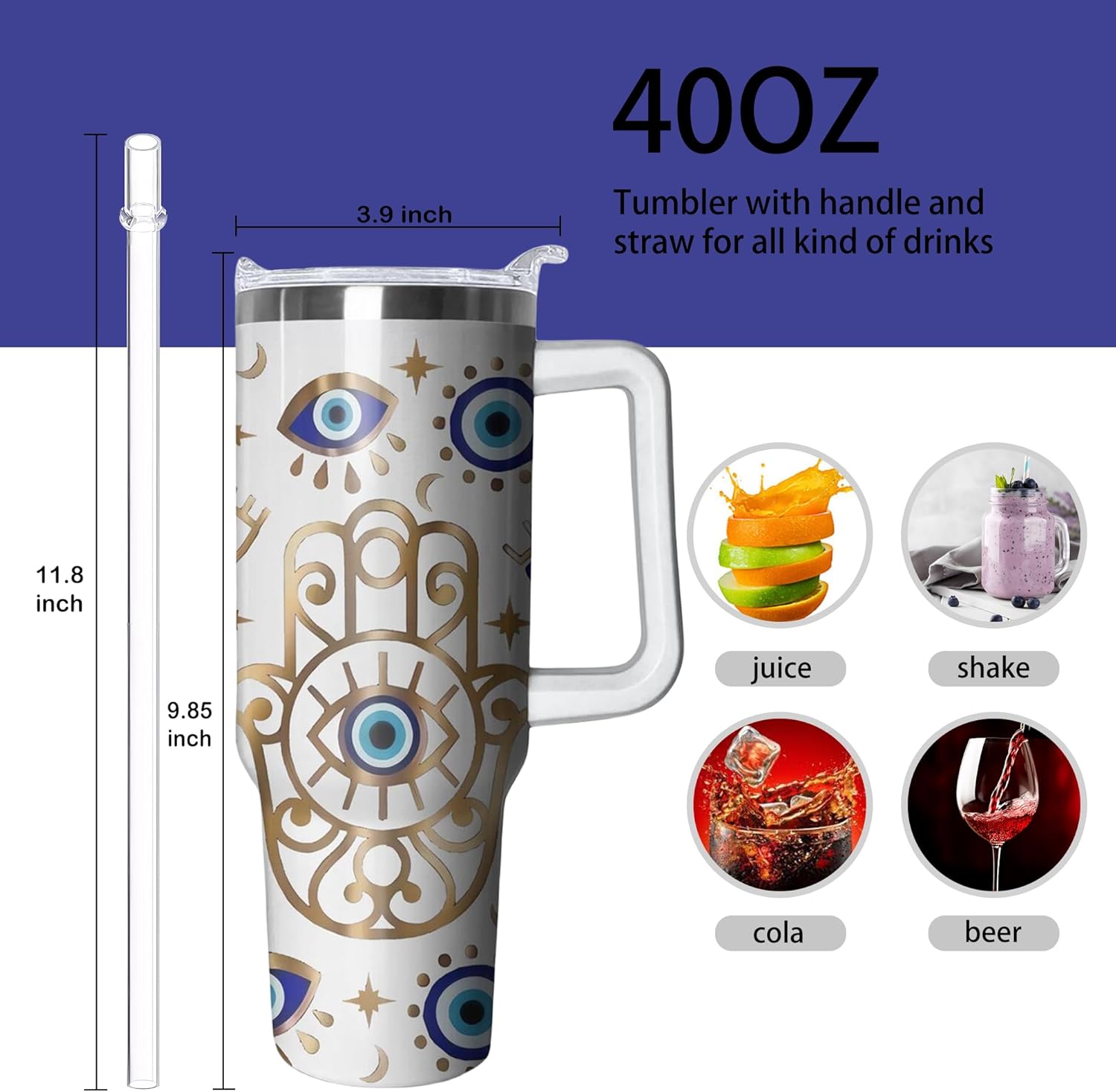 40oz Evil Eye Tumbler with Handle and Flip Straw, Evil Eyes Hand Stainless Steel Insulated Cup, Travel Coffee Mug Water Bottle, Birthday Gifts for Women Men - Image 2