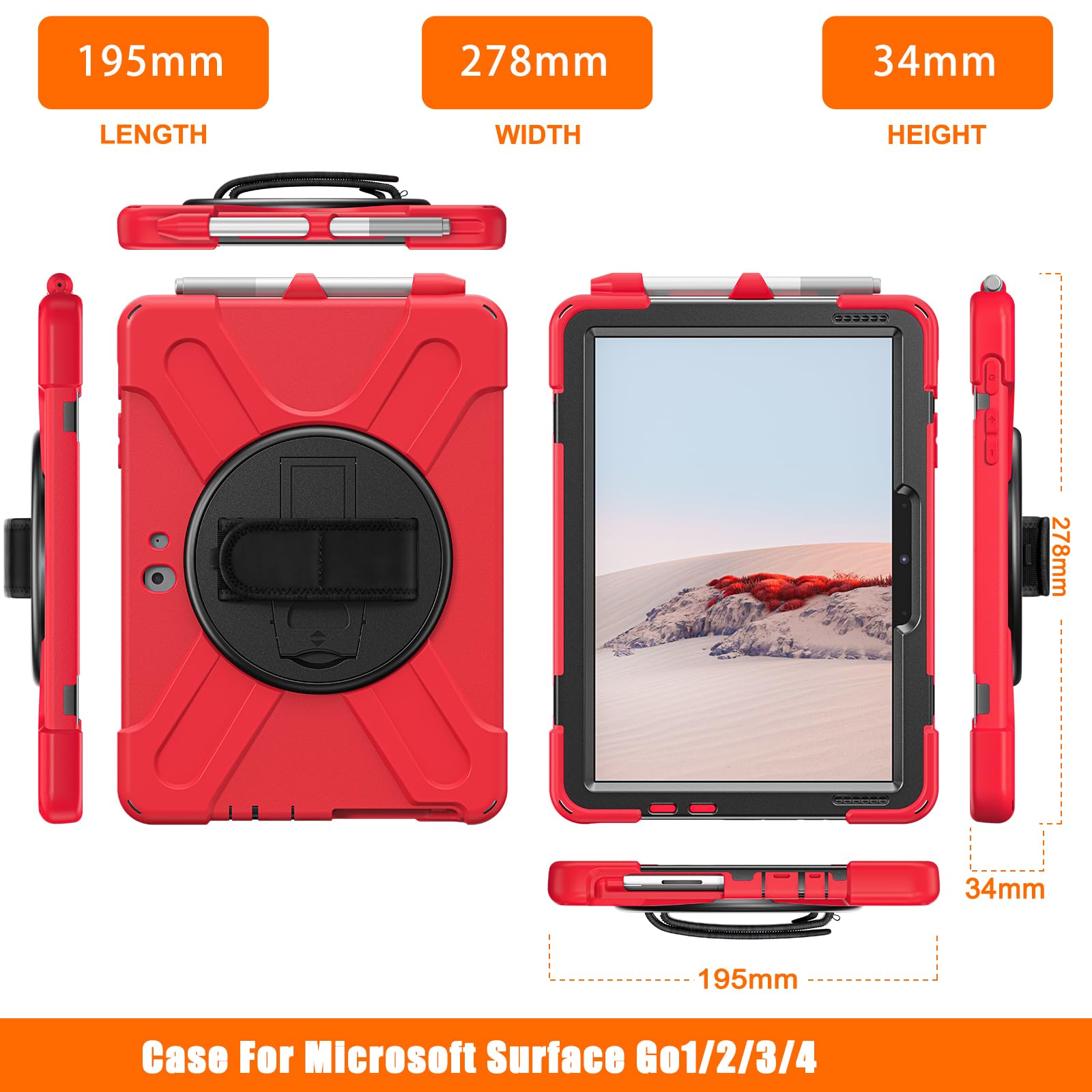 ZenRich Zenrich Coque pour Surface Go 3 2021, Surface Go 2 2020, Surface Go 2018 avec porte-stylo et porte-stylet - Robuste et résistant aux chocs - Avec poignée et bandoulière - Rouge