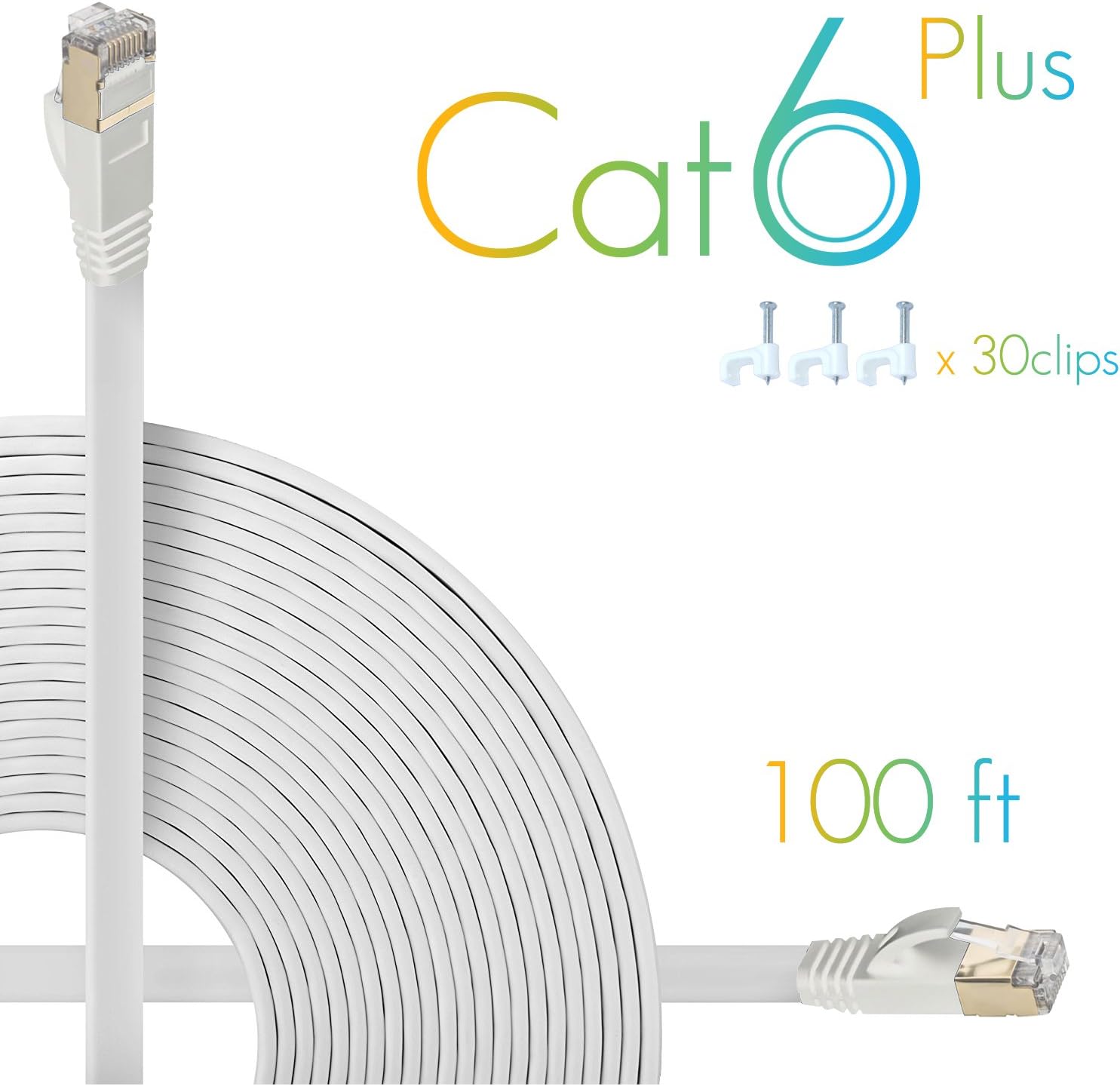 Aoforz - Ethernet Cable Cat 6 100 ft - White Flat High Speed Internet Network Cable with Cable Clips - Computer Cable with Snagless Rj45 Connectors - 100 feet White (30 Meters)