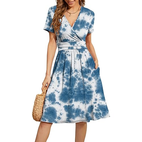 WEACZZY Womens Summer Casual Dress Short Sleeve V-Neck Knee Length Dresses for Women