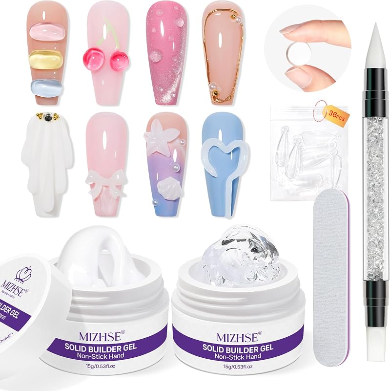 MIZHSE Gel constructor sólido para uñas, arte de uñas 3D transparente y blanco no pegajoso | Gel duro para esculpir y construir con bolígrafo de silicona de doble forma para tallar patrones, decoración, manicura, hogar, bricolaje