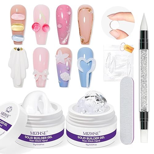 Miniatura 9 de MIZHSE Gel constructor sólido para uñas, arte de uñas 3D transparente y blanco no pegajoso, gel duro para esculpir con bolígrafo de silicona de