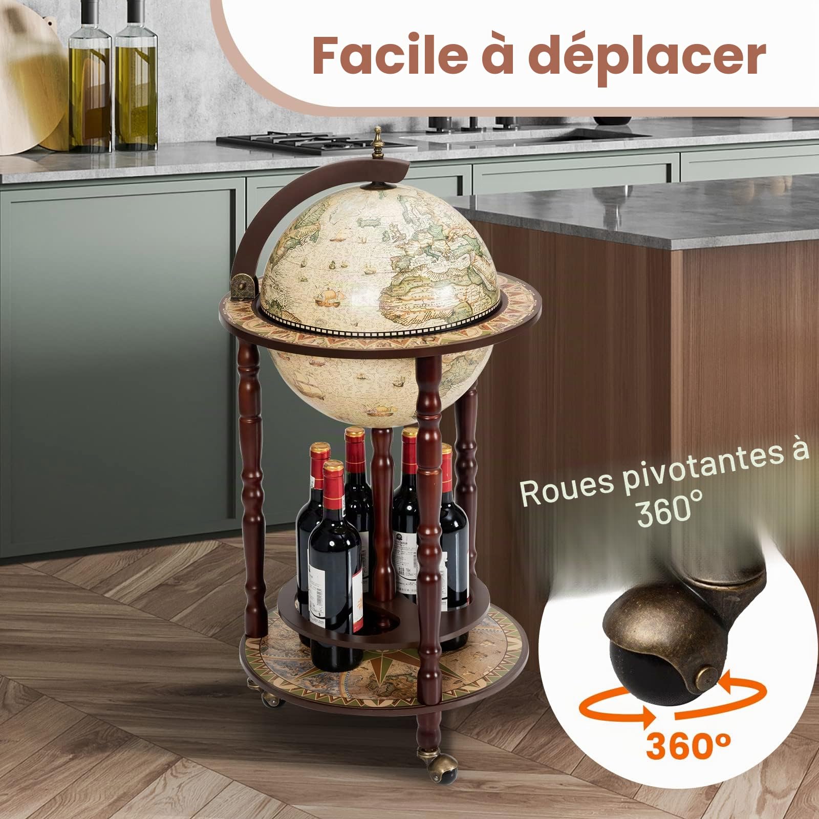 GIANTEX Bar Globe Terrestre avec 3 roulettes,Porte-Bouteille Globe Terrestre Mappemonde Support en Bois,Chariot de Bar Vintage pour Salon,Cuisine,Resto (Beige)