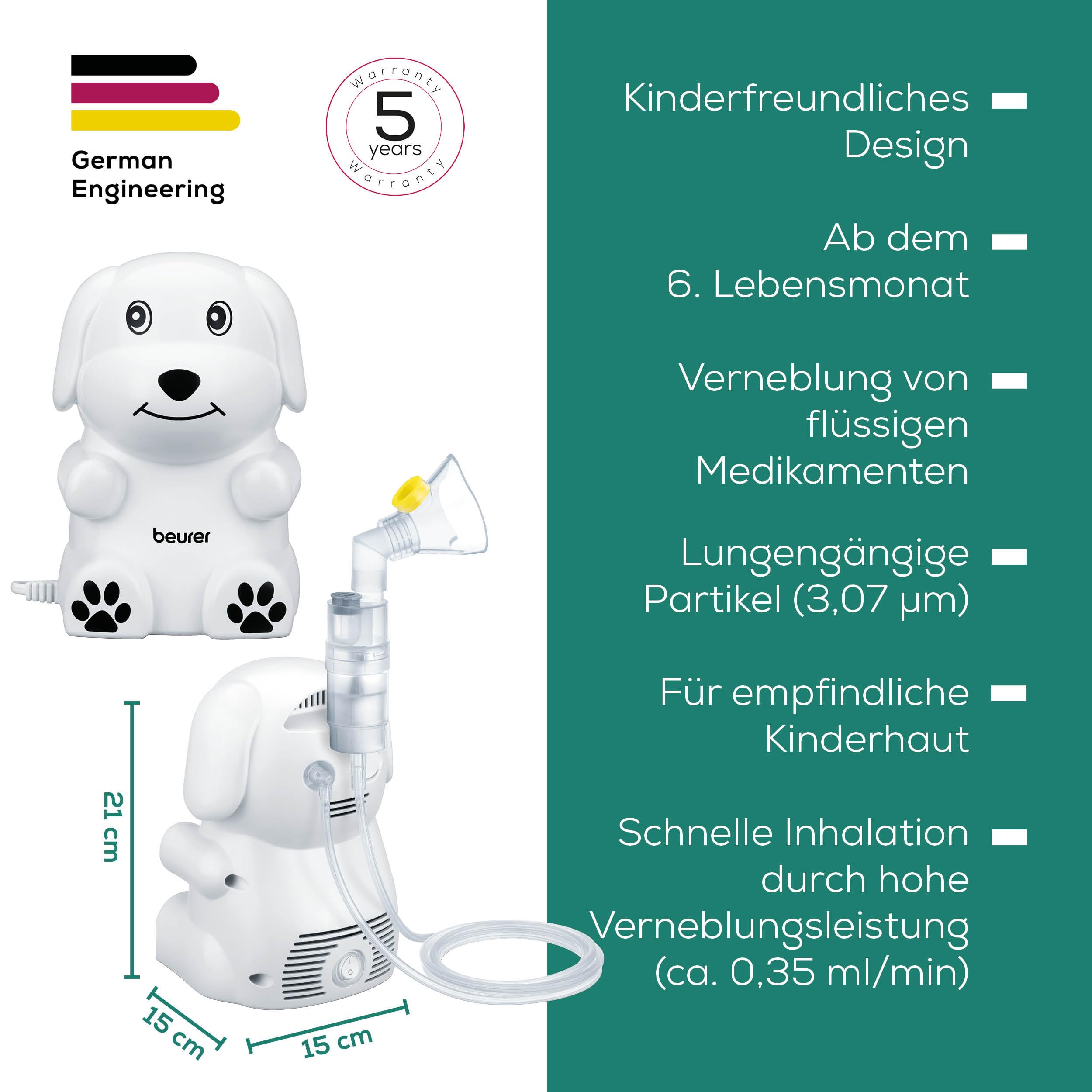 Beurer IH 24 Kids Inhalator mit kinderfreundlichem Design zur Verneblung von flüssigen Medikamenten, ab 6 Monate, hohe Verneblungsleistung und kurze Inhalationszeit, Silikonmaske für empfindliche Haut