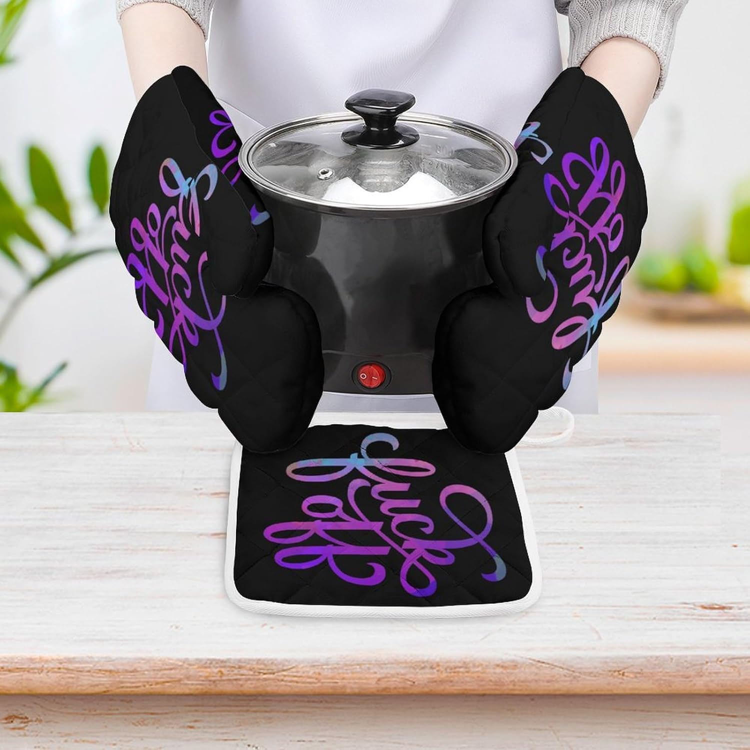 Fuck Off Print Oven Mitts and Pot Holders 3 Piece Sets Heat Resistant Gloves Hot Pads Potholders for Kitchen Baking Cooking