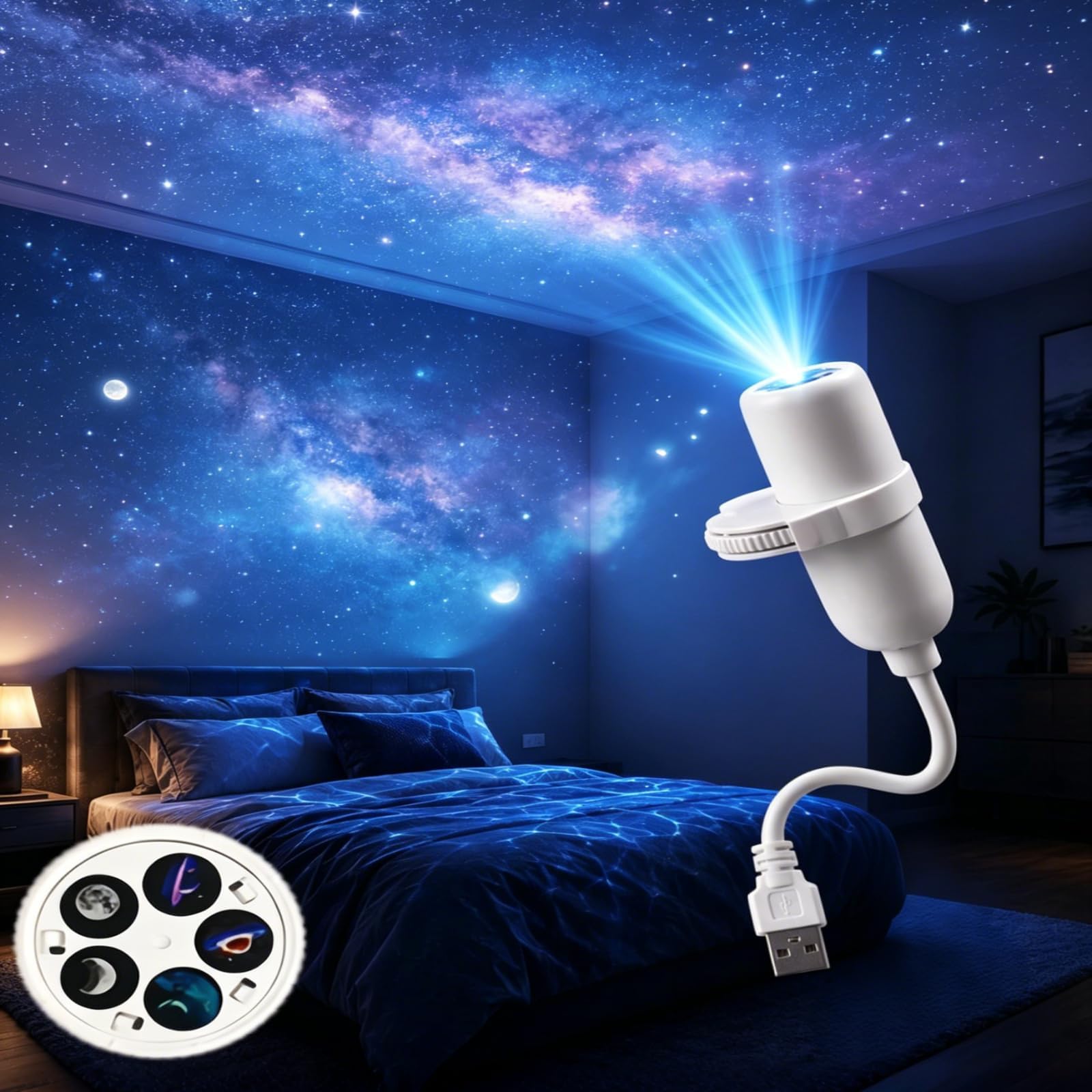 Galaxy Projector 5d Holographic Night Light Projector, 5 in 1 HD Smart Dynamic Ceiling Projectors, 360 Degree Flexible Gooseneck USB HD Star Projectors Plug in for Sleep Mood (15 Patterns)