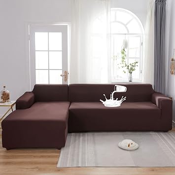 Sectional Couch Covers,Waterproof Elastic Sofa Slipcover,L-Shaped Corners Furniture Slipcovers Softness Milk Silk Polyester Fabric Stretch Divan Cover with Pillowcases-Brown L Shape2 Seater+3 seate
