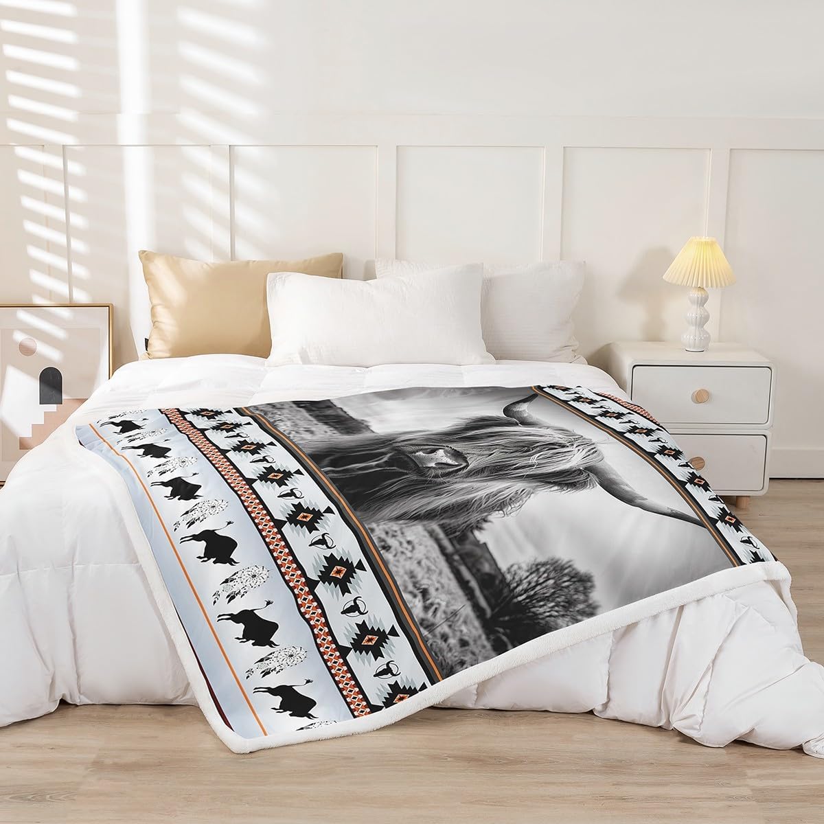 Highland Cow Throw Blanket - Ethnic Tribe Arrow Longhorn Bull Cattle, Farm Animals Fleece, Exotic Nordic Style Dream Catcher, 50"x60", African Tribal Geometric Sofa Couch Decor