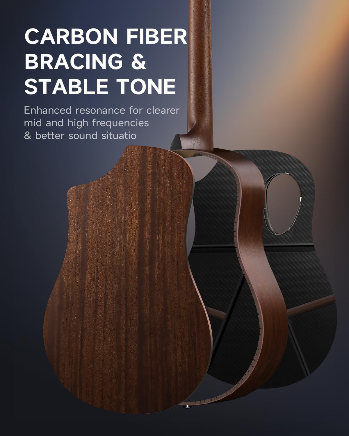 Donner Acoustic Electric Guitar Kit for Beginner Intermediate Adult with Built-in Pickups, Carbon Fiber Top, Wooden Bowl, 38 Inch, RISING-G2 (Brown)