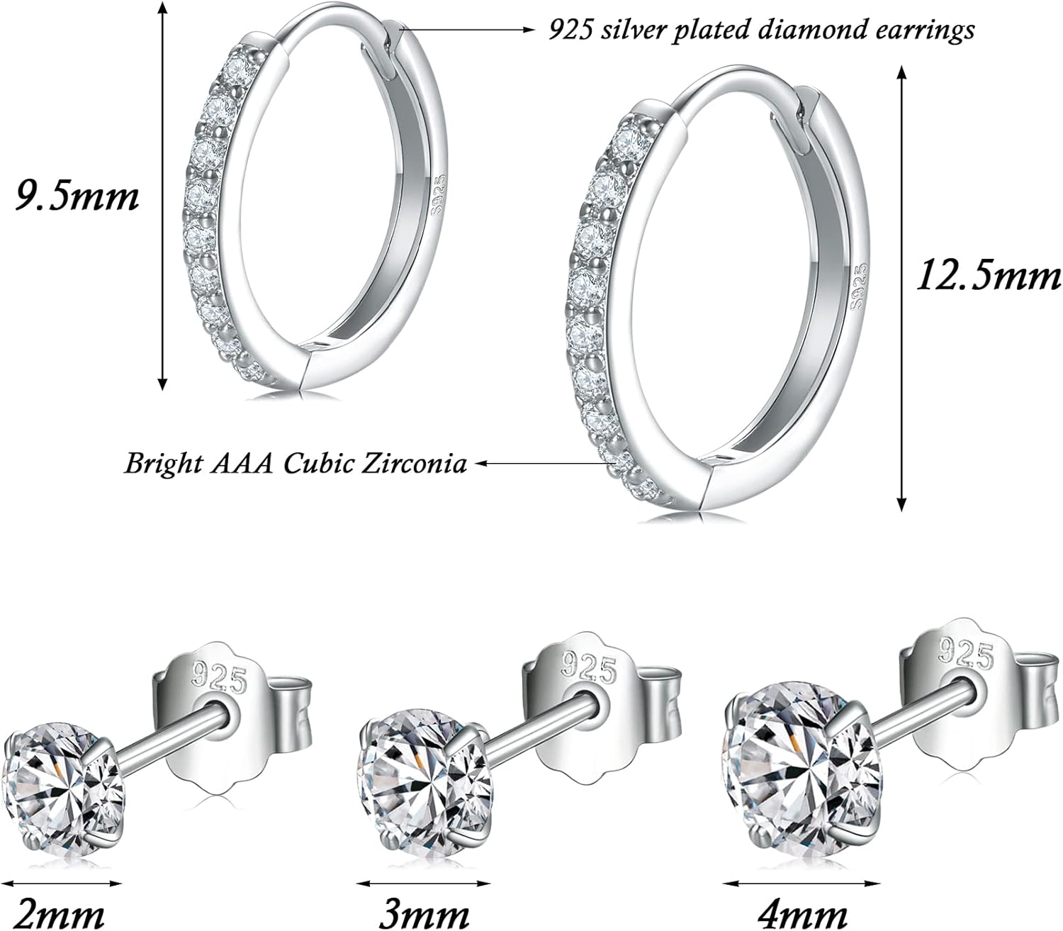 Small Sterling Silver Stud Earrings Set Tiny Cartilage Huggie Hoop Earrings Cubic Zirconia Cuff Earrings Silver Hoop Earrings for Women Men - Image 7