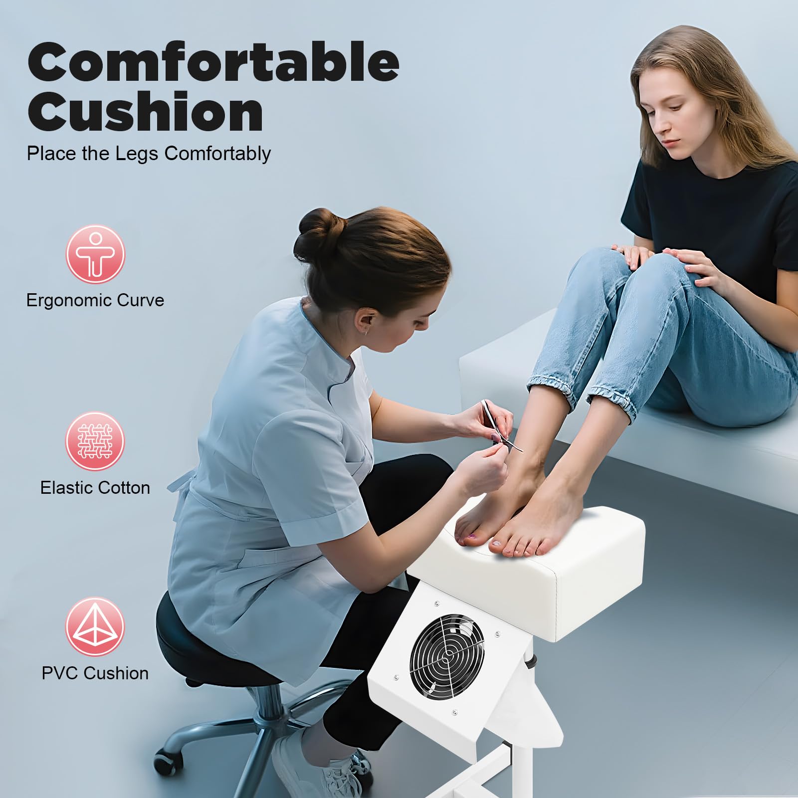 MINRS Taburete de Pedicura, Silla de Pedicura Móvil, Altura Ajustable, Reposapiés para Salón, Spa, Masaje, Color Blanco