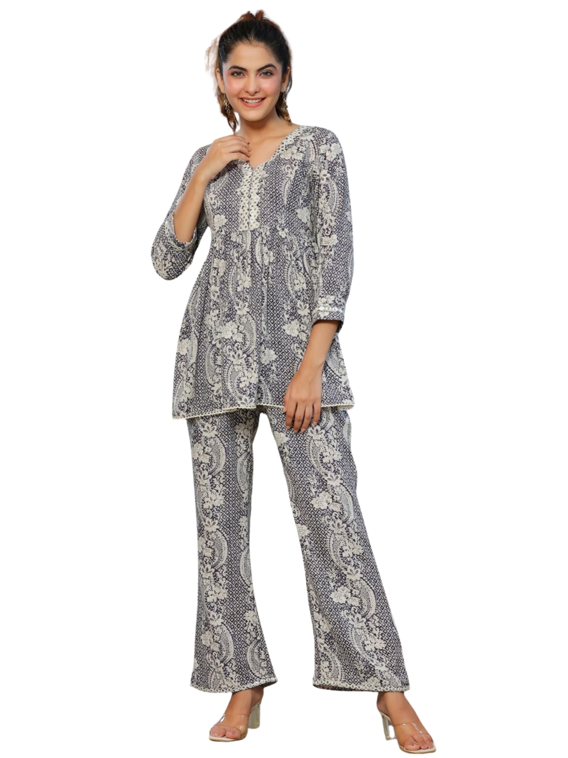 sarachna Women's Floral Print Tunic and Palazzo Set, 3/4 Sleeve, Grey and White-picture-25