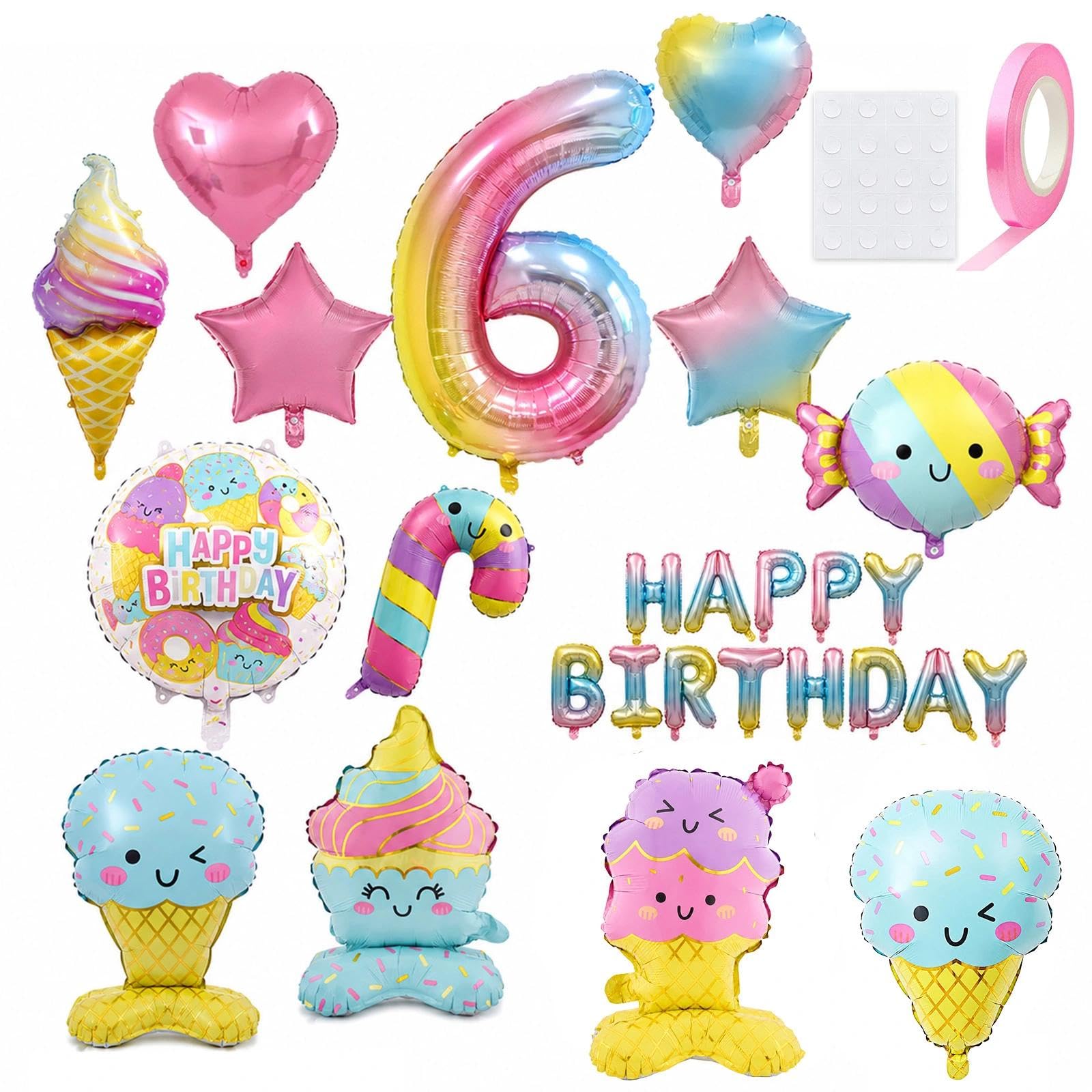 14PCS 6th Birthday Balloons, Number 6 Ice Cream Candyland Party Set