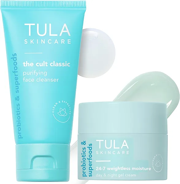 TULA Skin Care 24-7 Weightless Moisture Hydrating Day & Night Cream 1.5 oz. + Cult Classic Purifying Face Cleanser Travel Size 1 oz, 2 Piece Set