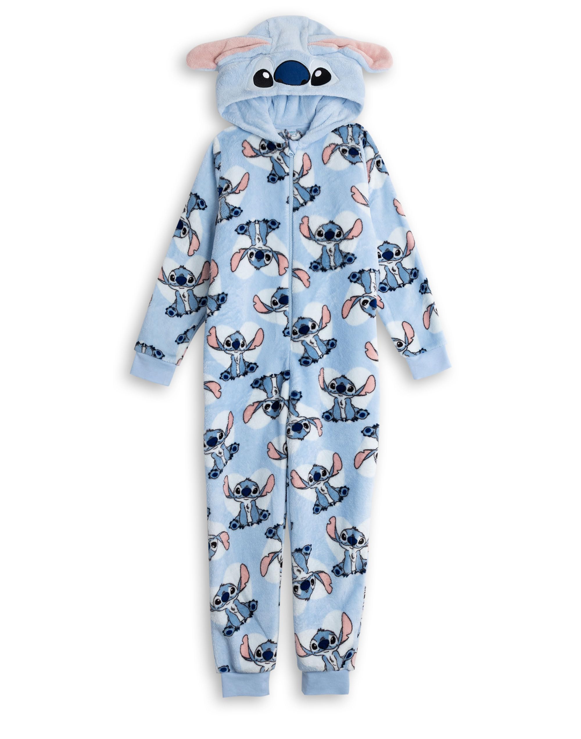 Disney Lilo & Stitch Girls Blue Onesie | Cosy Fleece Zip-Up Sleepwear with 3D Stitch Hood | Long Sleeve Loungewear for Bedtime & Relaxing Merch - 5-6 Years