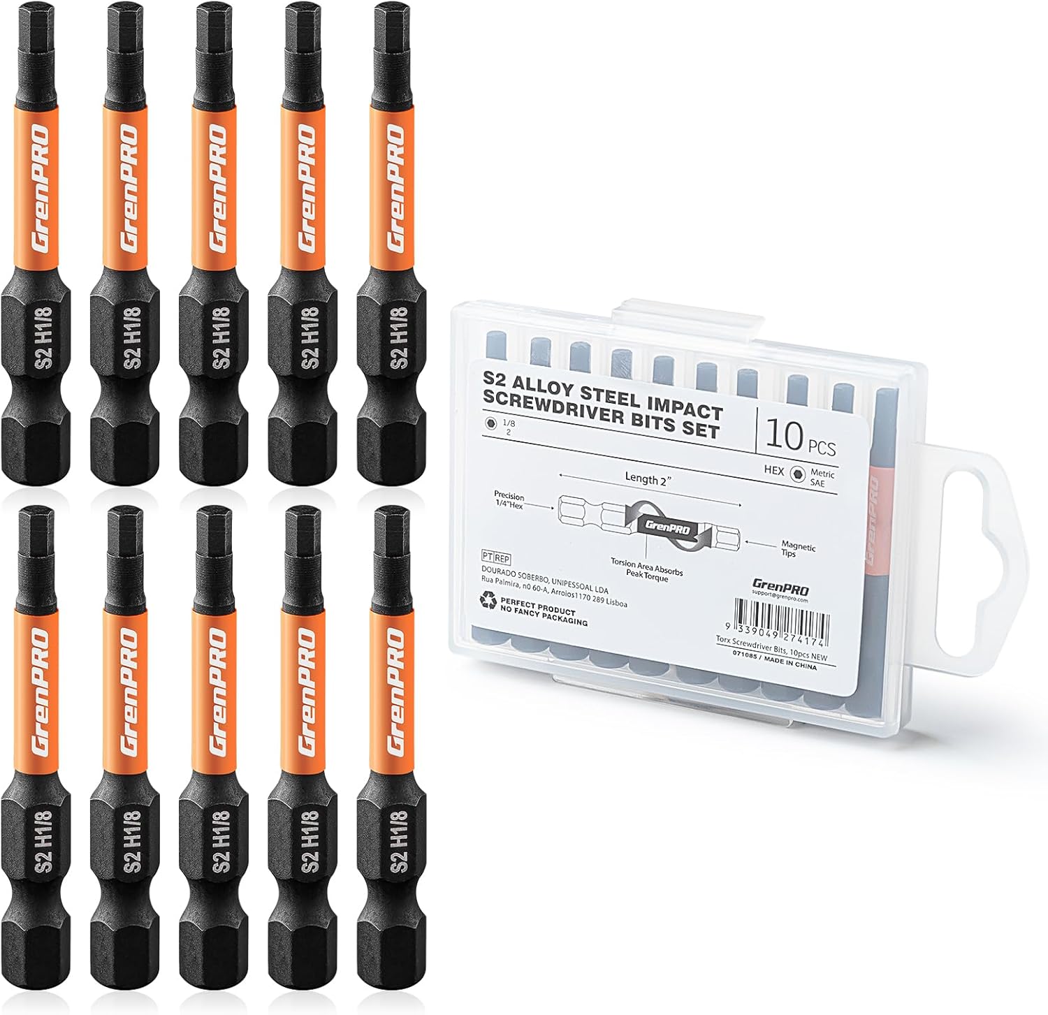 GRENPRO Allen Wrench Drill Bit Set，Impact Hex Head Screwdriver Bit Set，1/4” Hex-Shank S2 Steel Hex Bits Set, CNC Machined Tips With Magnetism, 2” Long 10pcs (1/8) Magnetic Driver Bit With Storage Box
