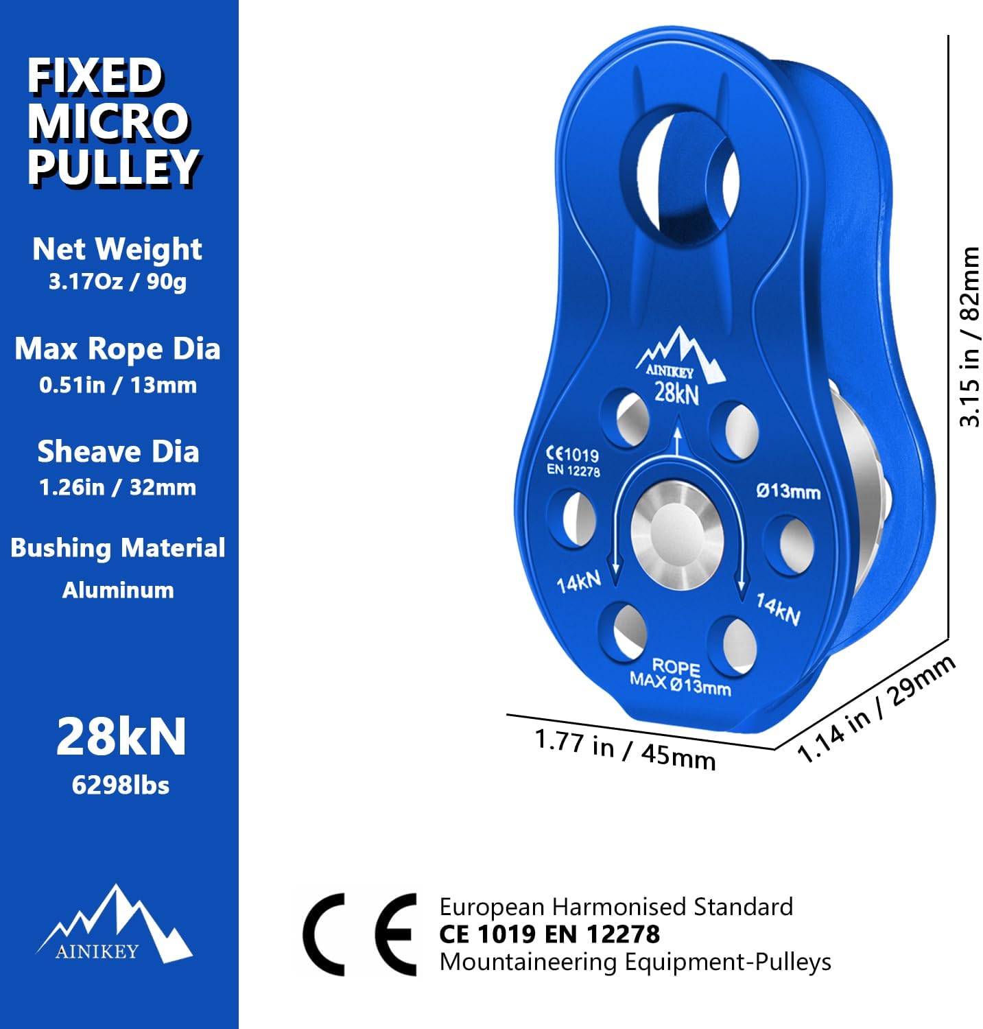 Fixed Plate Micro Pulley, 28KN CE Certified General Purpose Small Aluminum Rope Pulleys Slack Tender for Hauling/Rigging/Climbing/Aloft Work/Rappelling etc (Pack of 2(28KN Pulley Blue))